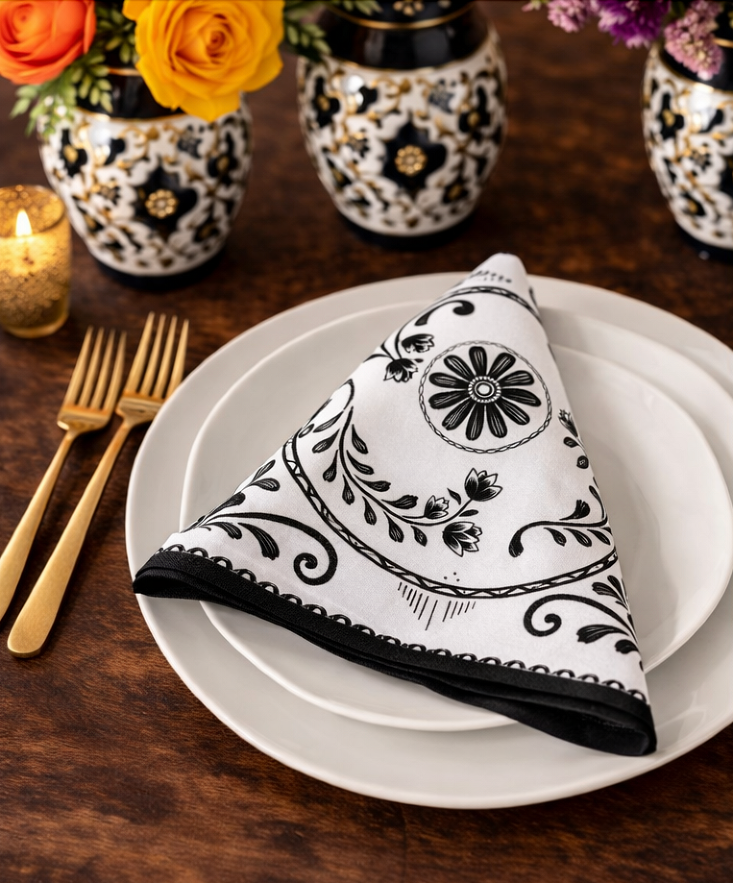 Hacienda: Black and White Floral Cloth Napkins - Set of 4 Decorative