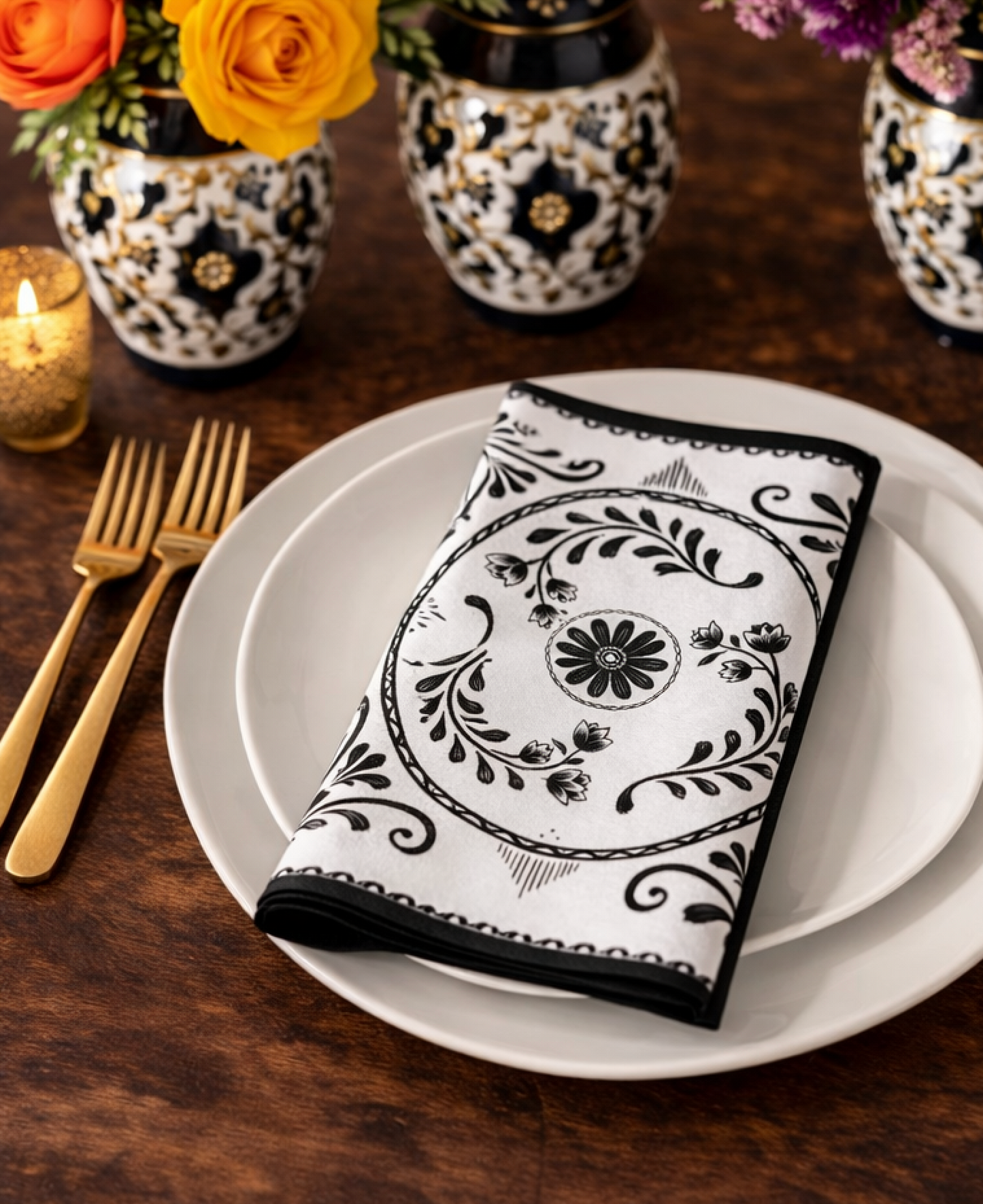 Hacienda: Black and White Floral Cloth Napkins - Set of 4 Decorative